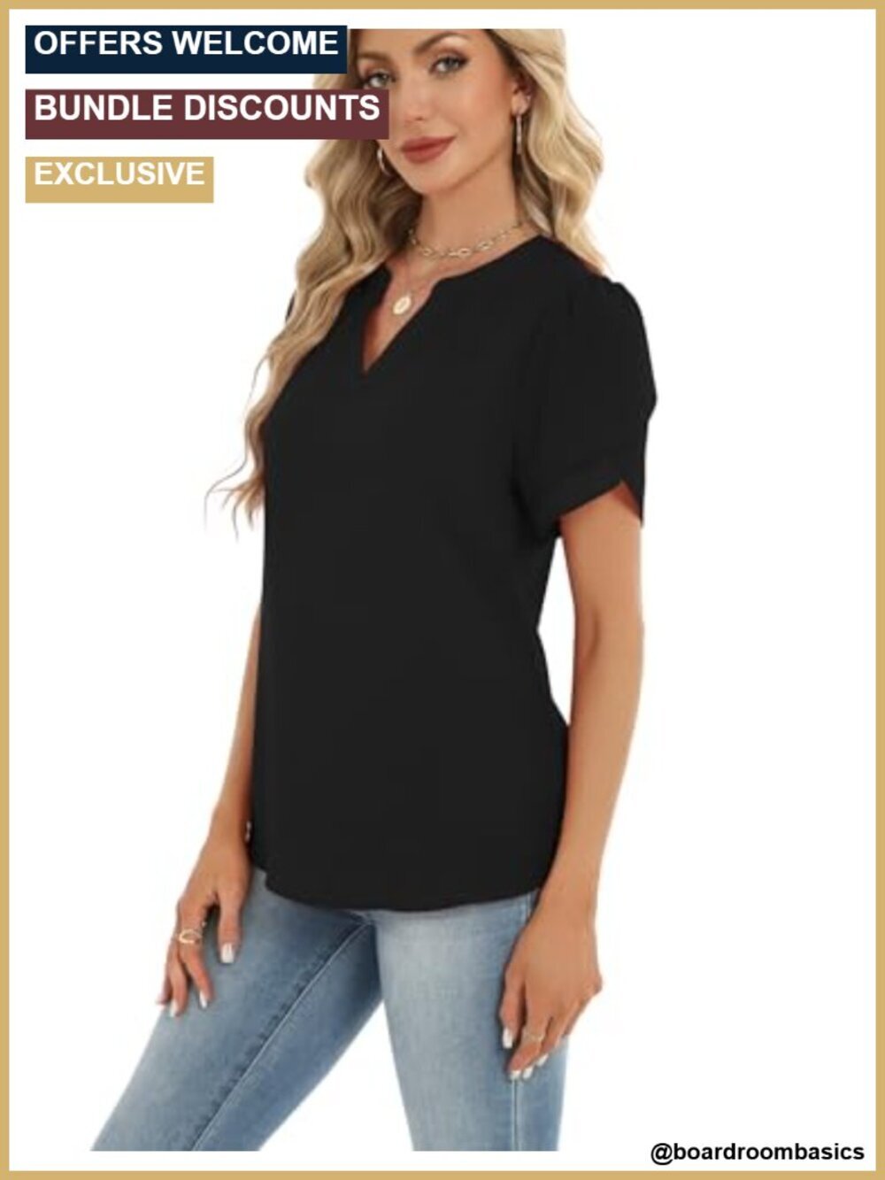 Womens Blouse V Neck Short Sleeve Petal Sleeve Flowy Work Business Casual Top - Picture 5 of 6